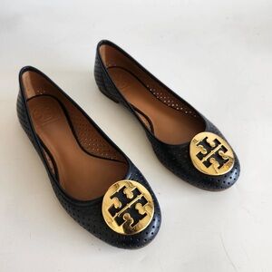 TORY BURCH Reva Perforated Ballet Flat - Navy Blue - Sz 7